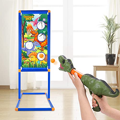 G.C Dinosaur Shooting Game Toys for Kids 5 6 7 8 9 10+ with Shooting Target Stand 2 Popper Air Guns 48 Foam Balls Indoor Outdoor Practice Set Toy Guns Gift for Boys Girls