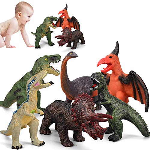 6 Piece Dinosaur Set Toys for Kids and Toddlers, Blue Velociraptor T-Rex Triceratops, Large Soft Dinosaur Toys Set for Dinosaur Lovers