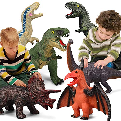 6 Piece Dinosaur Set Toys for Kids and Toddlers, Blue Velociraptor T-Rex Triceratops, Large Soft Dinosaur Toys Set for Dinosaur Lovers
