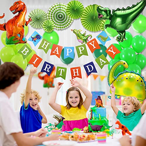 Dinosaur Birthday Party Decoration Set, 92 Pcs Set With Dinosaur Themed Party Favors Include Dinosaurs Balloons, Happy Birthday Banner,Backdrop,Paper Fan,Curtains,Pump Perfect For Your Kid's Party