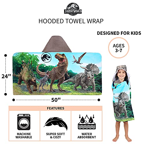 Franco Kids Bath and Beach Soft Cotton Terry Hooded Towel Wrap, 24 in x 50 in, Jurassic World