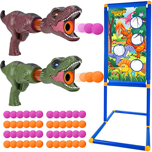 G.C Dinosaur Shooting Game Toys for Kids 5 6 7 8 9 10+ with Shooting Target Stand 2 Popper Air Guns 48 Foam Balls Indoor Outdoor Practice Set Toy Guns Gift for Boys Girls