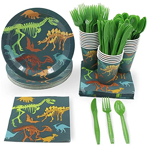 Dinosaur Party Bundle, Includes Plates, Napkins, Cups, and Cutlery (24 Guests,144 Pieces)