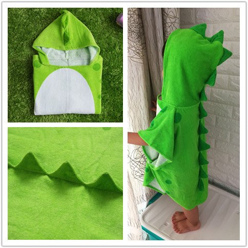 Children Bath Towel Robe Kids Hooded Beach Swimming Poncho Dinosaur Pattern (Green, S)