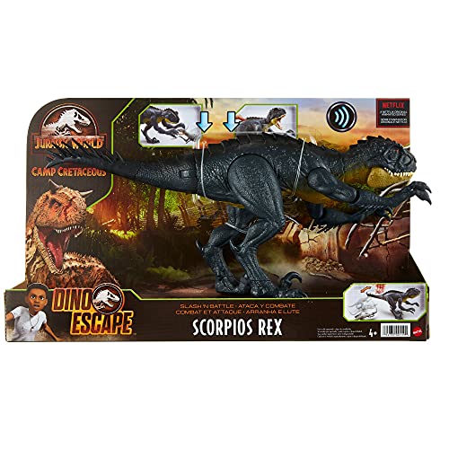 Jurassic World Toys Slash ‘N Battle Scorpios Rex Action & Sound Dinosaur Figure Camp Cretaceous with Movable Joints, Slashing & Tail Whip Motions & Roar Sound, Kids Gift Ages 4 Years & Up , Gray