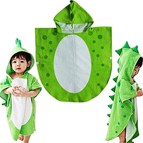 Children Bath Towel Robe Kids Hooded Beach Swimming Poncho Dinosaur Pattern (Green, S)