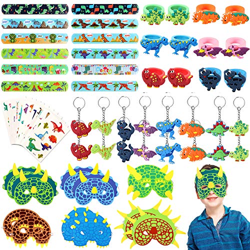 64 Pcs Dinosaur Party Favor Dinosaur Slap Bracelets Masks Keychains Rings Temporary Tattoos for Boys Kids Dinosaur Themed Birthday Party Supplies Treat Dino Pinata Goodie Bag Fillers