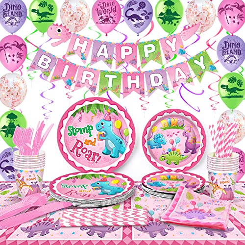 170 Piece Pink Dinosaur Party Kit For Girls Birthday Party Decoration