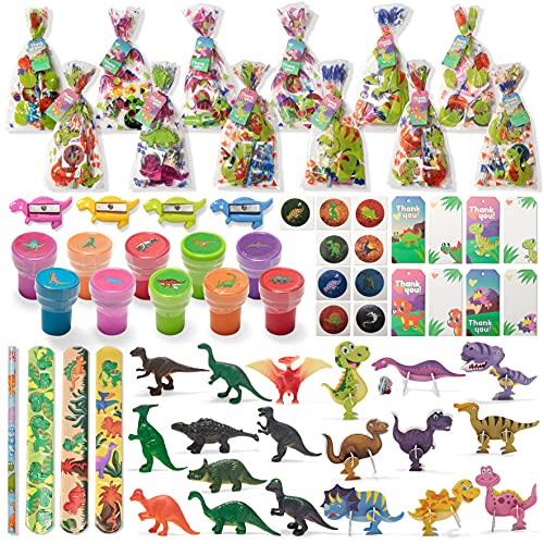Dinosaur Party Favors Set,12 Pack Prefilled Goody Bags with Dinosaur Gift Tags,Filled with Dinosaur Themed Pencil Sharpener, Dinosaur Figure, lap Bracelet, Sticker, Pencil for Kids Party Game Prizes
