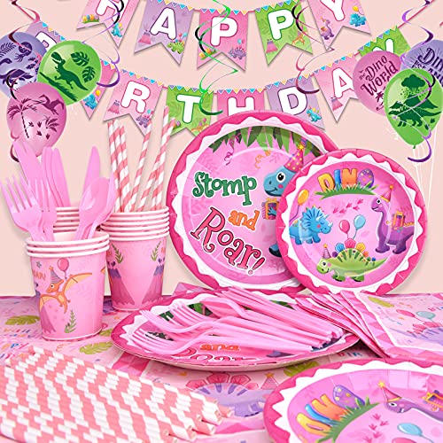 170 Piece Pink Dinosaur Party Kit For Girls Birthday Party Decoration